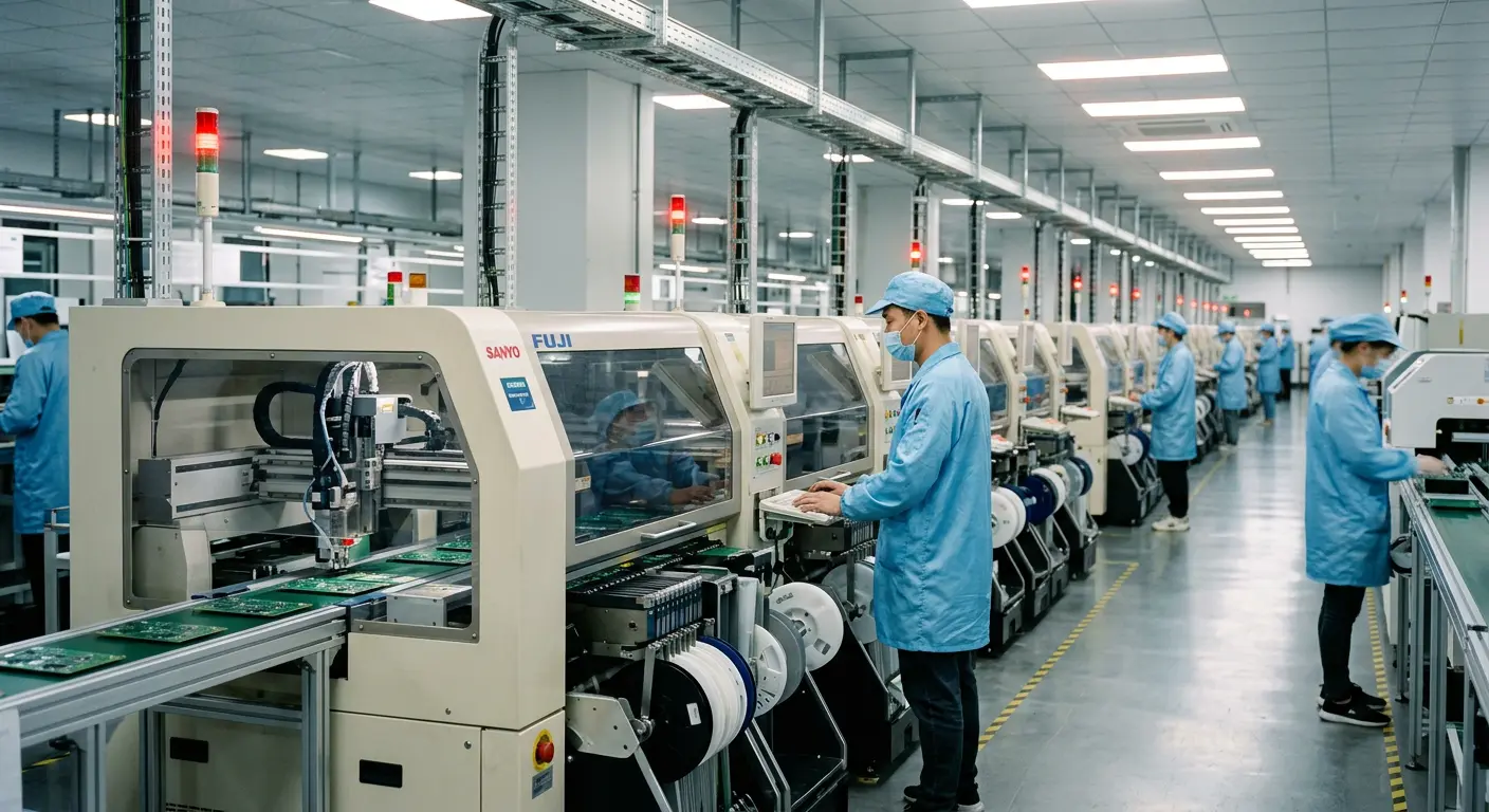 A modern electronics production line with pick-and-place machines and operators