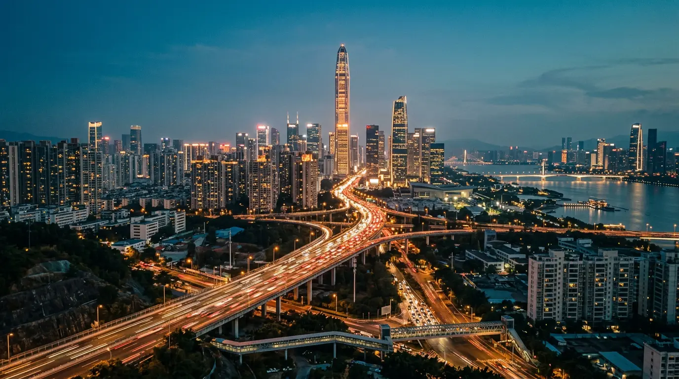 The Shenzhen skyline at dusk with light trails on an elevated highway